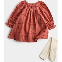 M&S Pure Cotton Embroidered Dress with Tights (0-5 Yrs) Coral