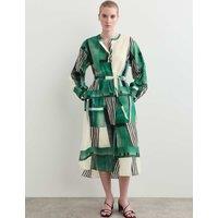 JAEGER Cotton Silk Blend Geometric Midi Shirt Dress Green Mix