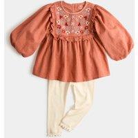 M&S Pure Cotton Embroidered Top & Bottom Outfit (0-5 Yrs) Orange Mix