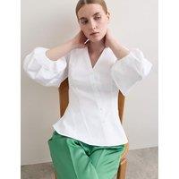 JAEGER Pure Cotton V-Neck Button Through Blouse Ivory