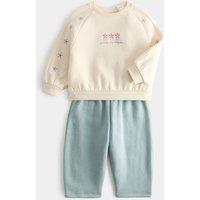 M&S 2 Pack Cotton Rich Embroidered Sweat Outfit (0-5 Yrs) Cream Mix