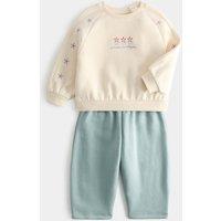 M&S 2 Pack Cotton Rich Embroidered Sweat Outfit (0-5 Yrs) Cream Mix