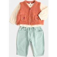 M&S 3 Piece Waistcoat Top & Jeans Outfit (0-5 Yrs) Coral