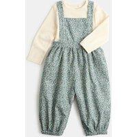 M&S 2 Piece Pure Cotton Ditsy Dungaree Outfit (0-3 Yrs) Blue Mix
