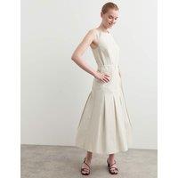 JAEGER Cotton Blend Pleated Midi Waisted Dress Silver Grey