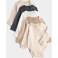 M&S 5 Pack Pure Cotton Plain Long Sleeve Bodysuits (7lbs-3 Yrs) Light Brown