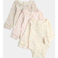 M&S 3 Pack Floral Long Sleeve Bodysuits (7lbs-3 Yrs) Pink Mix