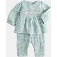 M&S 2 Piece Pure Cotton Woven Smocked Outfit (0-24 Mths) Light Mint