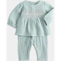 M&S 2 Piece Pure Cotton Woven Smocked Outfit (0-24 Mths) Light Mint
