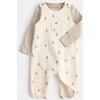 M&S 2 Piece Cotton Rich Teddy Dungaree Outfit (7lbs - 1 yrs) Light Cream