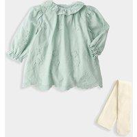 M&S 2 Piece Cotton Rich Dress with Tights Set (0-12 Mths) Light Mint
