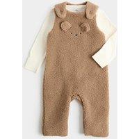 M&S 2 Piece Borg Dungaree & Bodysuit Outfit (7lbs - 12 Mths) Mushroom