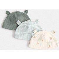 M&S Kids' 3 Pack Pure Cotton Hats with Ears (0-1 Yrs) Light Mint