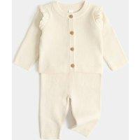 M&S 2 Piece Pure Cotton Knitted Frill Outfit (0-24 Mths) Light Cream