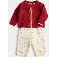 M&S 3 Piece Fleece Lined Outfit with Cardigan (7lbs - 12 Mths) Red Mix