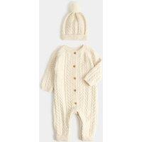 M&S 2 Piece Cable Knit All-In-One with Hat (7lbs - 12 Mths) Light Cream
