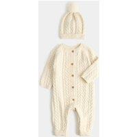 M&S 2 Piece Cable Knit All-In-One with Hat (7lbs - 12 Mths) Light Cream