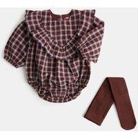 M&S 2 Piece Gingham Romper Outfit with Tights (0-12 Mths) Red Mix