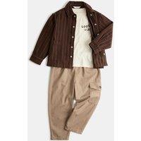 M&S 3 Piece Pure Cotton Striped Shacket Outfit (2-8 Yrs) Brown Mix
