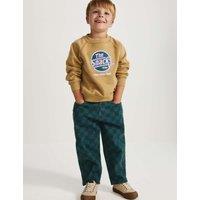 M&S Pure Cotton Checkerboard Denim Jeans (2-8 Yrs) Petrol Green
