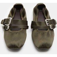 M&S Satin Double Buckle Flat Mary Jane Ballet Pumps Olive