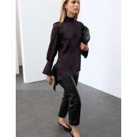 Autograph Satin Checked Tie Neck Asymmetric Blouse Red Mix