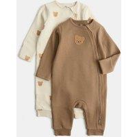 M&S 2 Pack Cotton Blend Bear Sleepsuits (0-3 Yrs) Light Cream