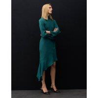 Autograph Satin Crepe Asymmetric Midi Waisted Dress Bottle Green