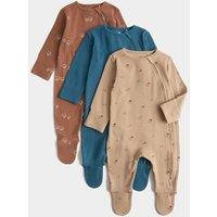 M&S 3 Pack Cotton Rich Mushroom Sleepsuits (0-3 Yrs) Multi