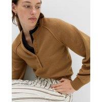 M&S Crew Neck Button Detail Jumper with Wool Caramel