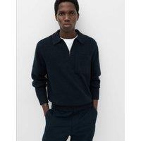 M&S Supersoft Quarter Zip Knitted Polo Shirt Navy