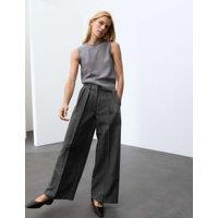 Autograph Pure Wool Herringbone Wide Leg Trousers Grey