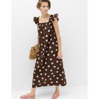 M&S Pure Cotton Polka Dot Midi Shirred Dress Chocolate Mix