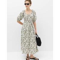 M&S Pure Cotton Printed Midi Waisted Dress Ivory Mix