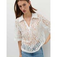 M&S Cotton Blend Lace Collared Top Soft White
