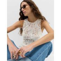 M&S Lace Fitted Tunic Shell Top Soft White