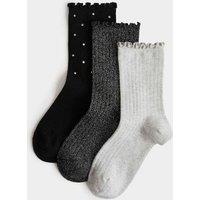 M&S 3 Pack Cotton Rich Ribbed Diamante Glitter Socks (6 Small-7 Large) Grey Mix