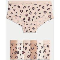 M&S 7 Pack Cotton StayNew Leopard Print Knicker Shorts (5-16 Yrs) Mocha Mix