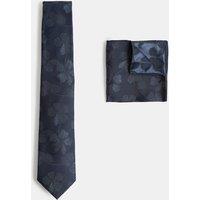 M&S Floral Pure Silk Tie & Pocket Square Set Navy