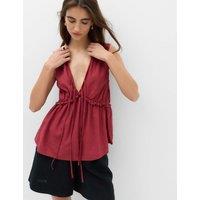 M&S Linen Rich V-Neck Tie Detail Top Oxide