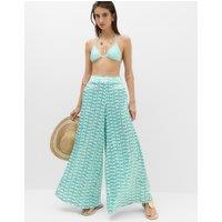 M&S Satin Printed Palazzo Beach Trousers Blue Mix