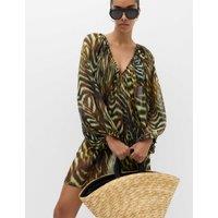 M&S Animal Print Balloon Sleeve Mini Beach Dress Dark Green Mix