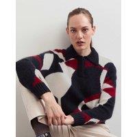 JAEGER Mohair and Wool Blend Jacquard Polo Jumper Black Mix