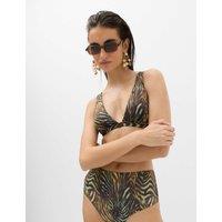 M&S Animal Print Padded Plunge Bikini Top Dark Green Mix