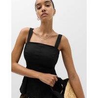 M&S Pure Linen Square Neck Panelled Peplum Top Black