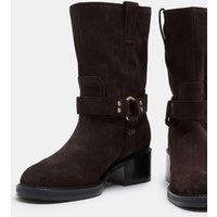 M&S Suede Biker Block Heel Mid Calf Boots Brown