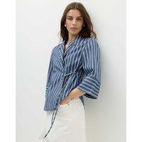 M&S Denim Striped Wrap Shirt Blue Denim