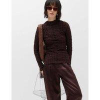 M&S Long Sleeve Funnel Neck Textured Top Aubergine