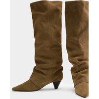 M&S Suede Slouchy Kitten Heel Knee High Boots Khaki