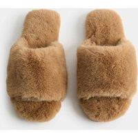 M&S Faux Fur Open Toe Slider Slippers Sand